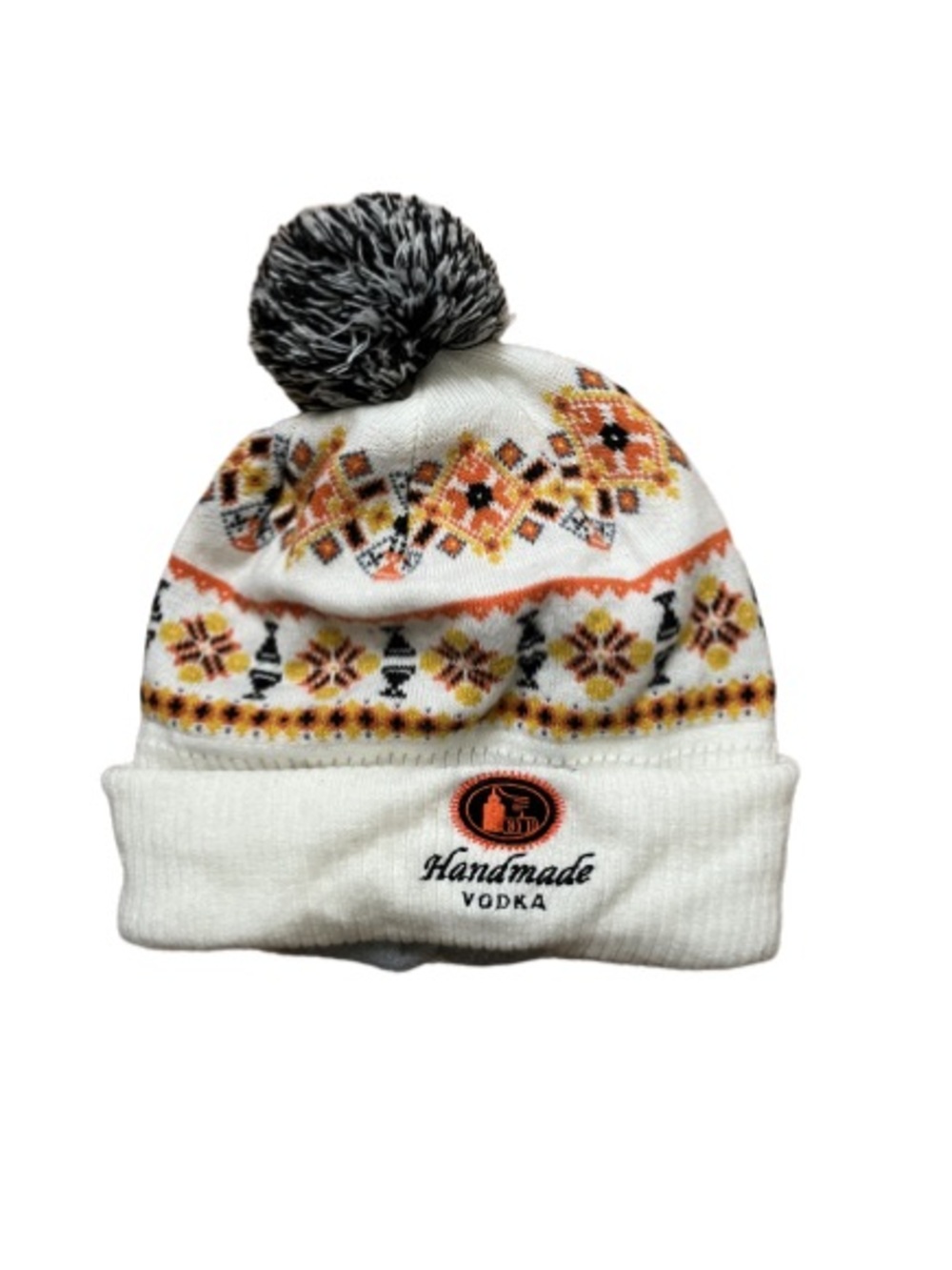 Handmade Vodka White Knit Pom Beanie with Orange Fair Isle Design